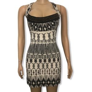 Guess Los Angeles Sun Halter Dress Printed Racer Back Black cream stretch